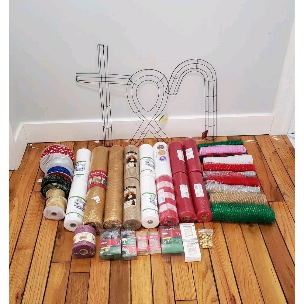 Wreath Making Supplies Lot Deco Mesh, Ribbon, String Lights, Wreath Form Frames